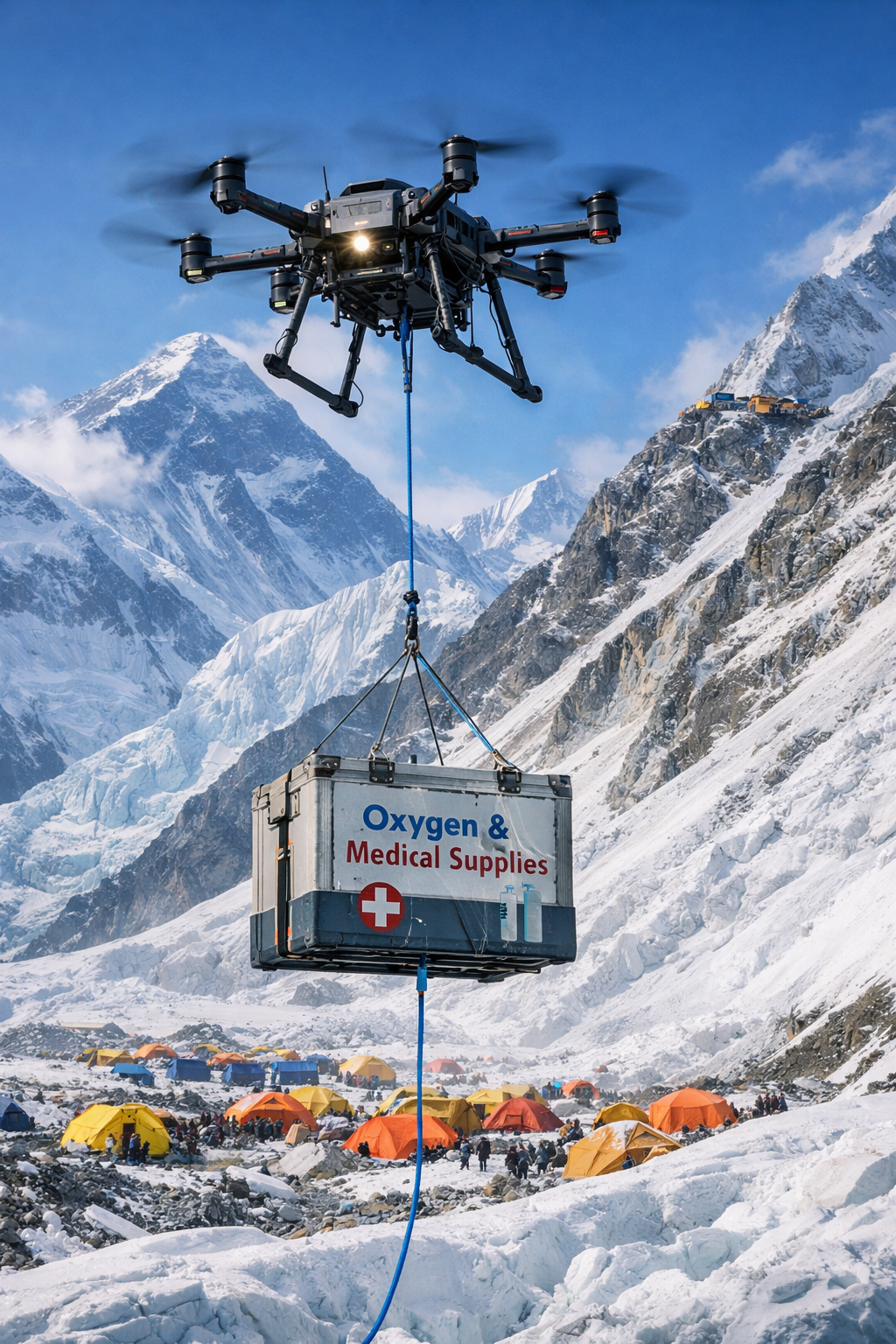 Drone logistique transportant une charge en environnement de haute montagne
